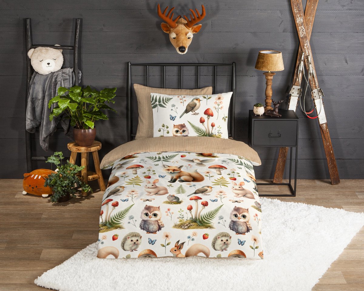 Good Morning dekbedovertrek dieren met bladeren en paddestoelen - 1 persoons 140x200/220 cm - Multi - 100% Katoen flanel
