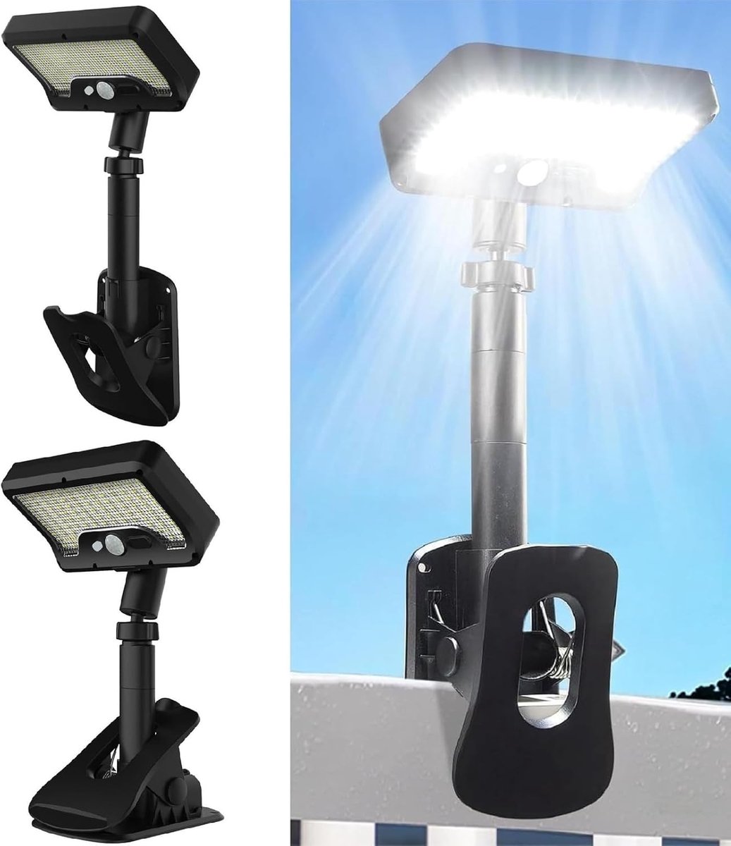 2 stuks Solar-clipverlichting voor buiten – Solar-clipverlichting met standaard – Bewegingssensor – IP65-waterdicht – 92 LED's – Geschikt voor schuttingen, tuinen, terrassen, garages, veranda's – Wit licht