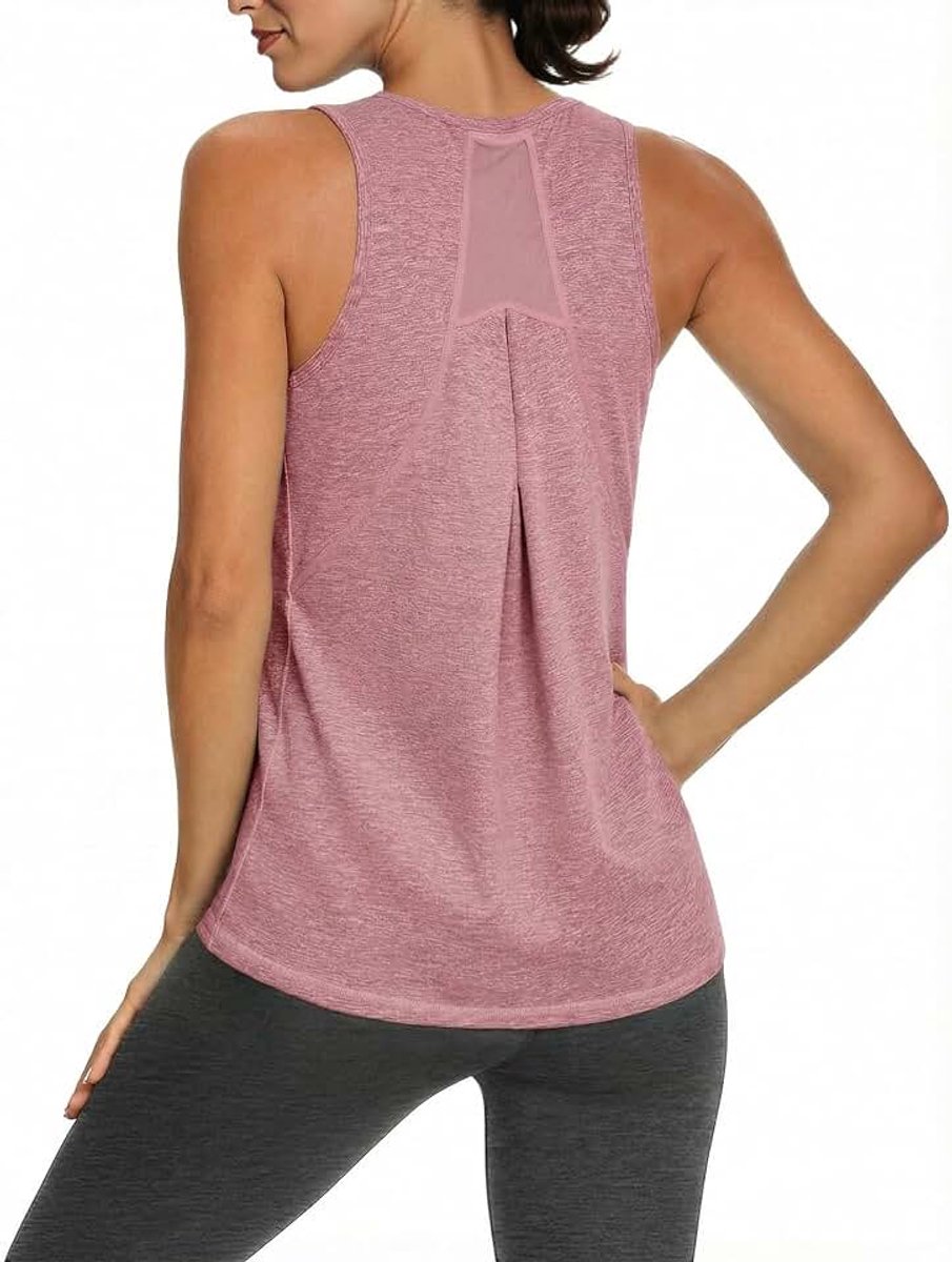 Tanktop voor dames, sportkleding, fitnessstudio, mouwloos, T-shirt, tule inzetstukken op de rug, ronde hals, shirt voor fitness, yoga, hardlopen, dansen