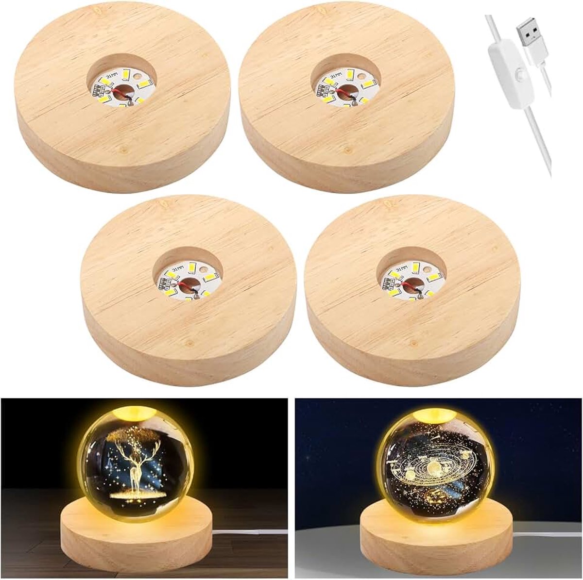 4 stuks ronde houten sokkels, led-sokkel voor acrylglas, houten led-lichtsokkel met warm licht, USB-lichtbasis, display, basis, doe-het-zelf houten verlichting, standaard voor kristallen