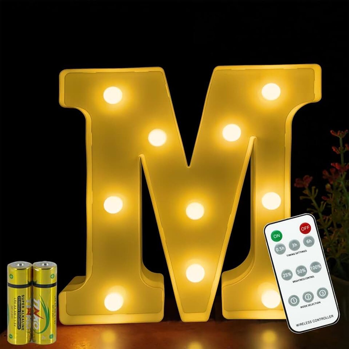 Letterlamp, afstandsbediening, alfabetlamp, led, letterverlichting, letterlamp, verlichte letters, nachtverlichting, decoratie voor verjaardagsfeestje, bruiloft, M