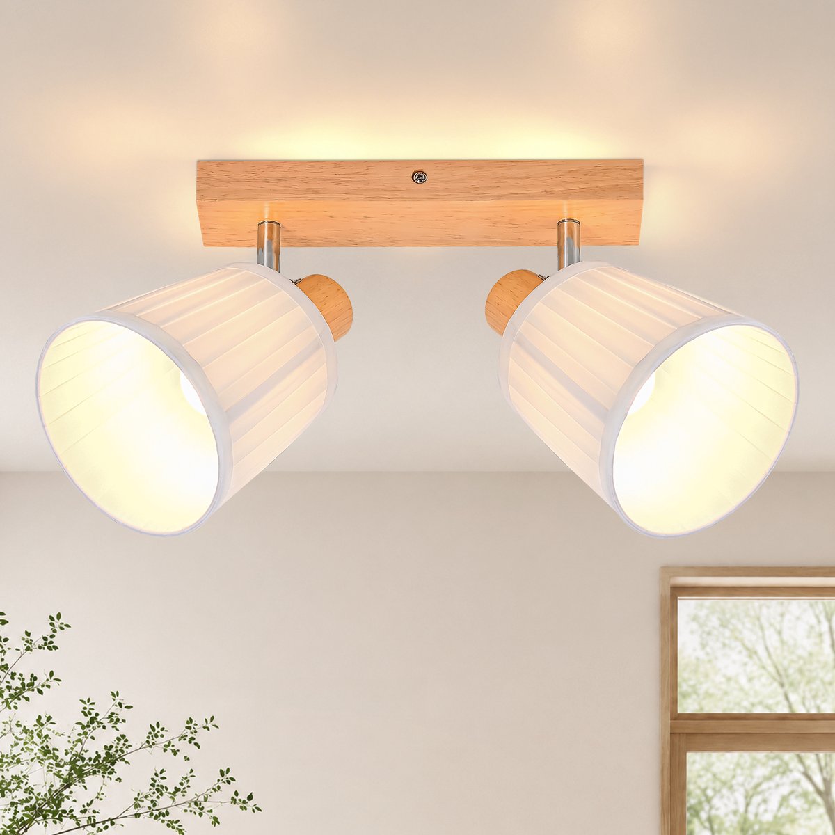NETTLIFE 2-Flammige Plafondspot met Hout & Stoffen Kap - E14 | 350° Draaibaar | Vintage Boho Design | Geschikt voor Woonkamer Slaapkamer & Keuken - Zonder Lampen