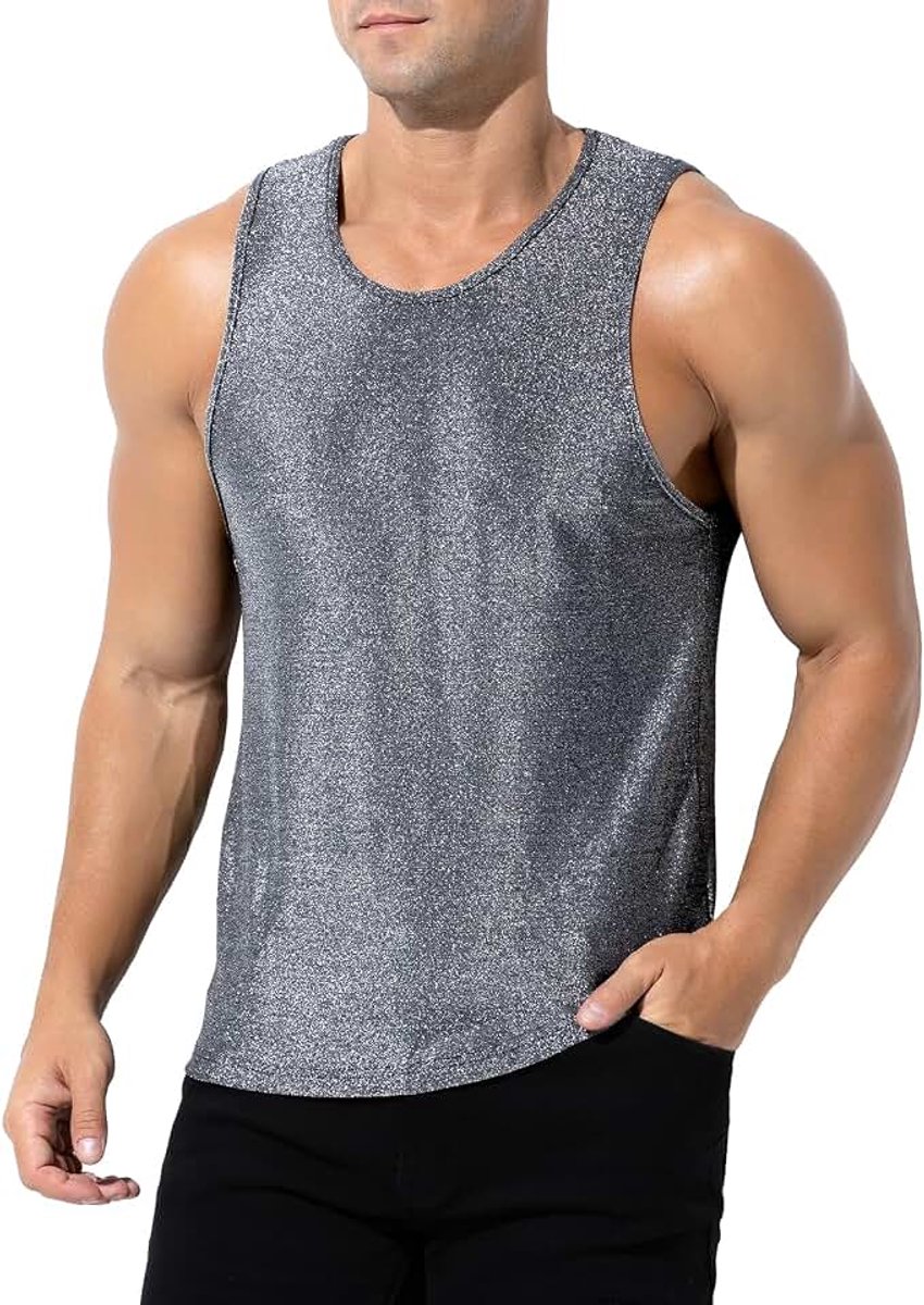 Kevin Glitter-tanktop voor heren, pailletten, hemd, metallic glanzend, mouwloos bovendeel, zomer, tanktop