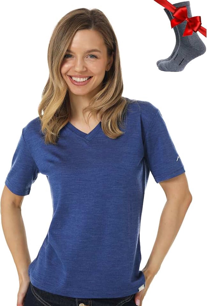 100% Merino T-shirt voor dames - Merinowol Sportief Wandelen Thermisch Shirt voor Dames + Wandelsokken
