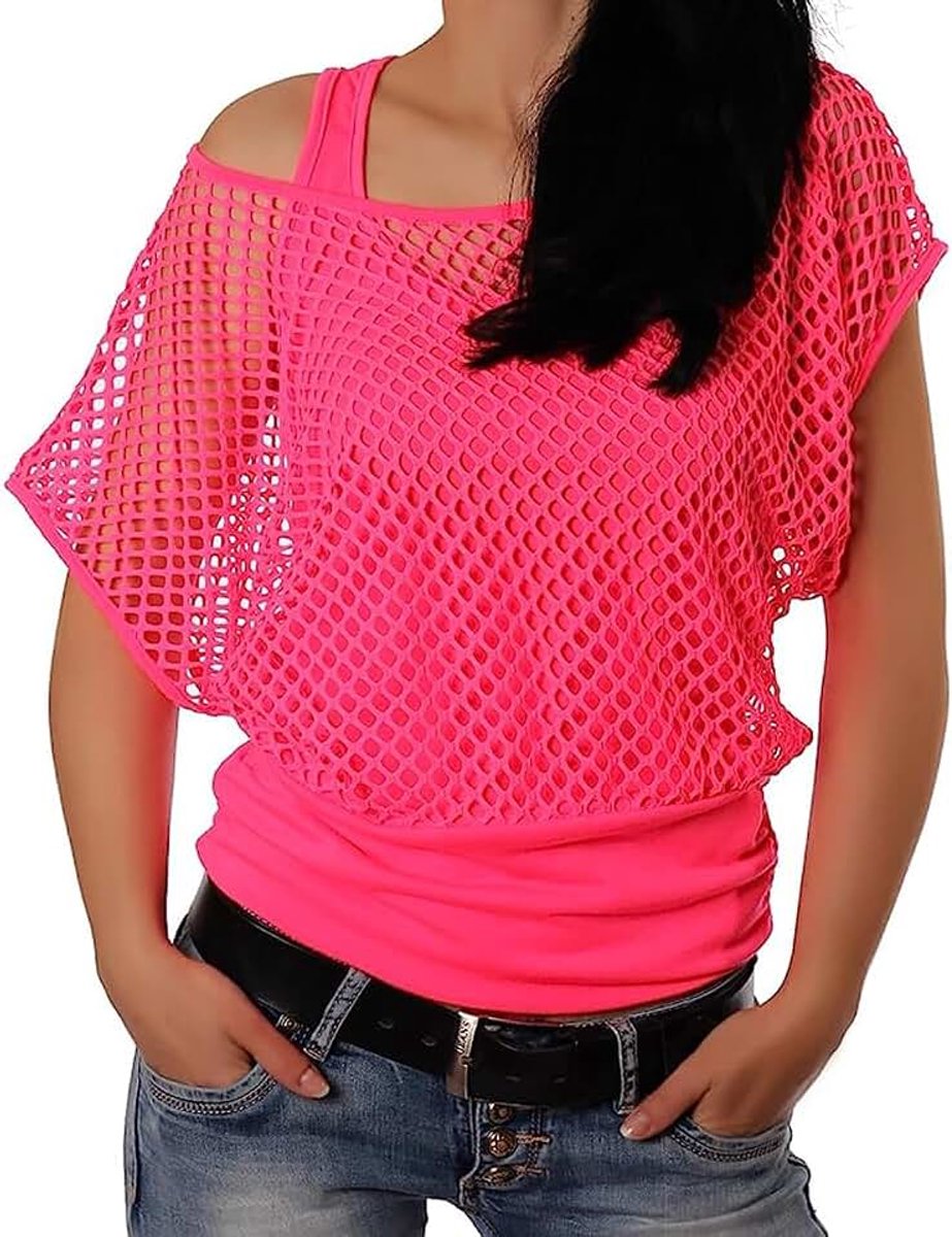 Dames mesh T-shirt jaren 80 outfit voor carnaval themafeest mesh top zomer top