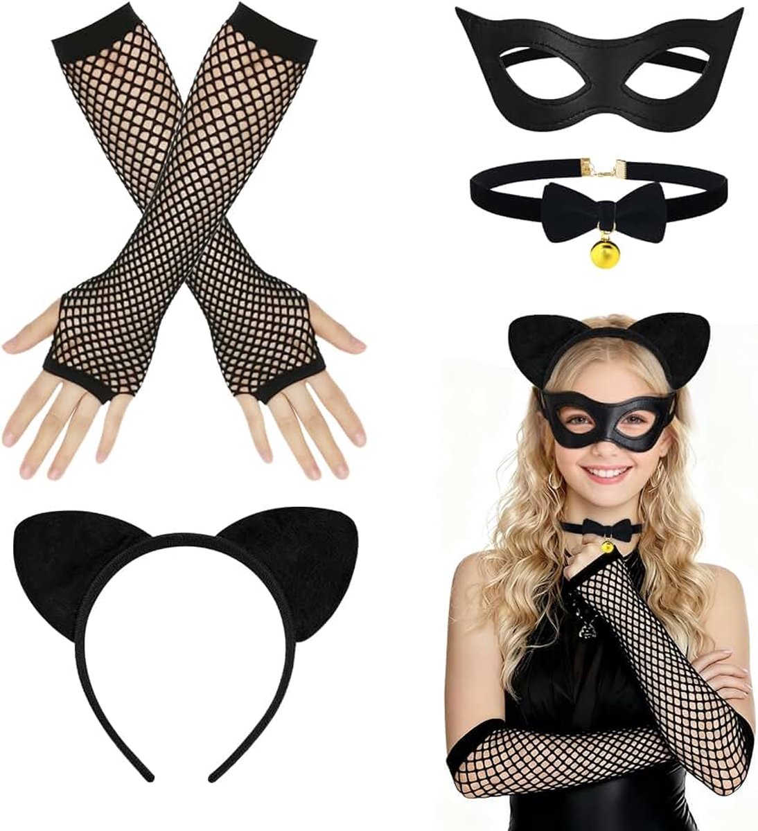 Dames kinderen, Halloween zwart kattenkostuum, kanten kattenkostuum accessoires, kattenoren haarband, halsketting, masker, handschoenen Halloween carnaval kostuum