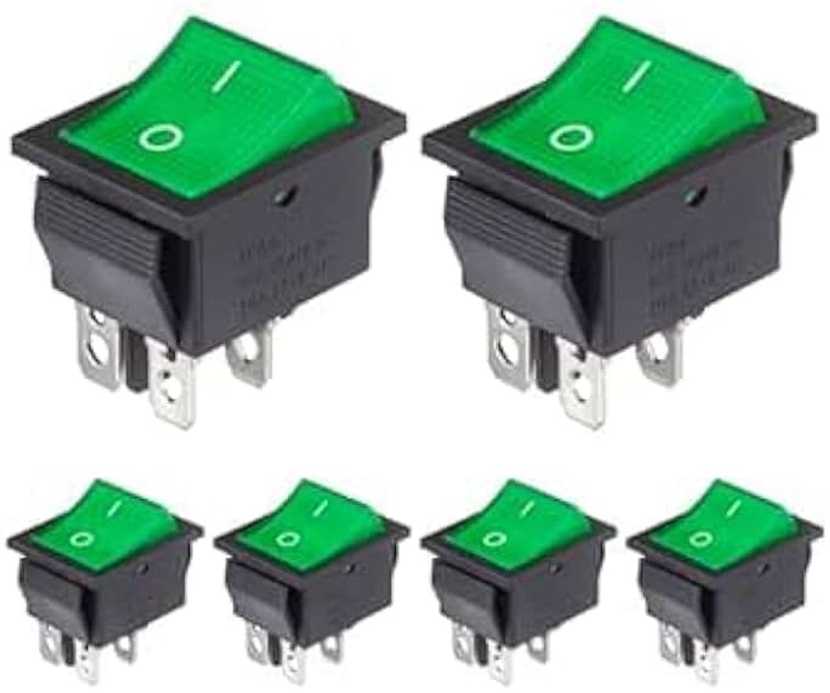 6 stuks tuimelschakelaar, 230 V, 4-polige tuimelschakelaar, groen, verlichte aan/uit-schakelaar, DPST, waterdichte wisselschakelaar voor boot, auto, huishouden, elektrische apparaten, 16 A, 250 VAC