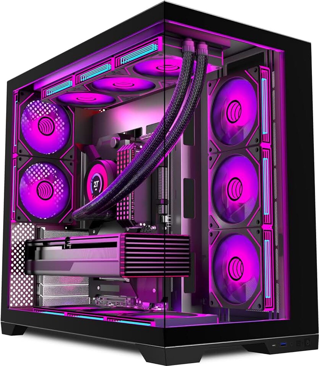 PC-behuizing, voorgeïnstalleerd, 9 × 120 mm, zwarte ventilator, ATX Mid Tower pc-behuizing, computerbehuizing met panoramisch zicht van gehard glas, frontpaneel