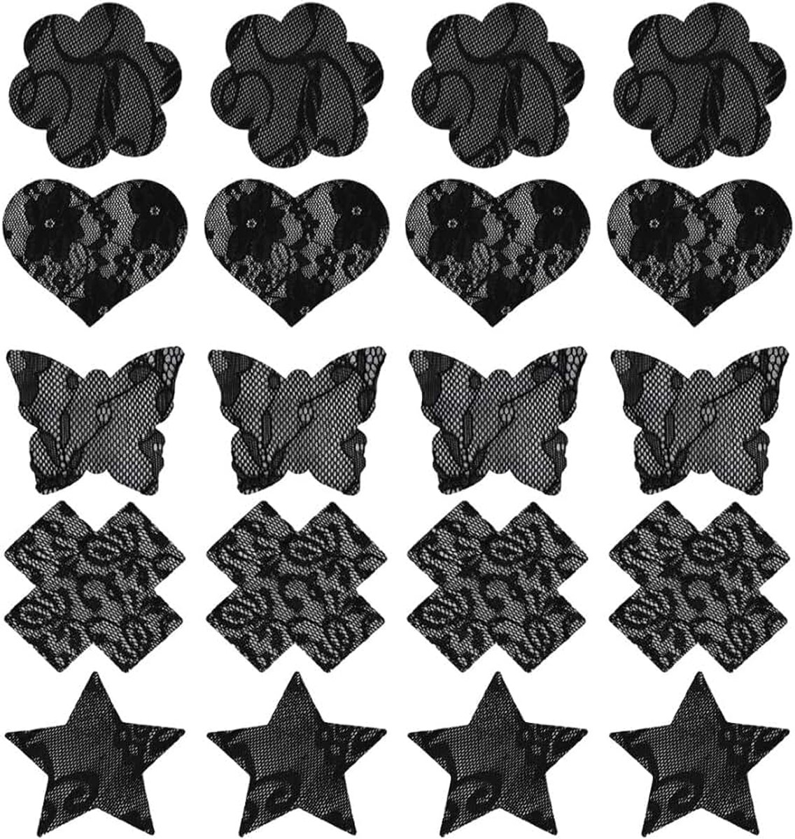 10 paar, zelfklevend, zwart, standaardmaat, hart, ster, bloemen, kruisvorm, glitterpasties voor rave en festivals