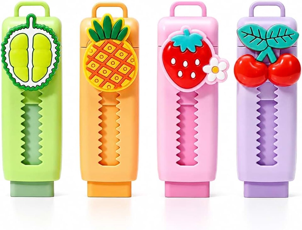 4 stuks intrekbare gummen voor kinderen meisjes, grappige push-pull gummen in fruitdesign (aardbeien, kers, ananas, durian) voor school, beschermt tegen breuk en vuil