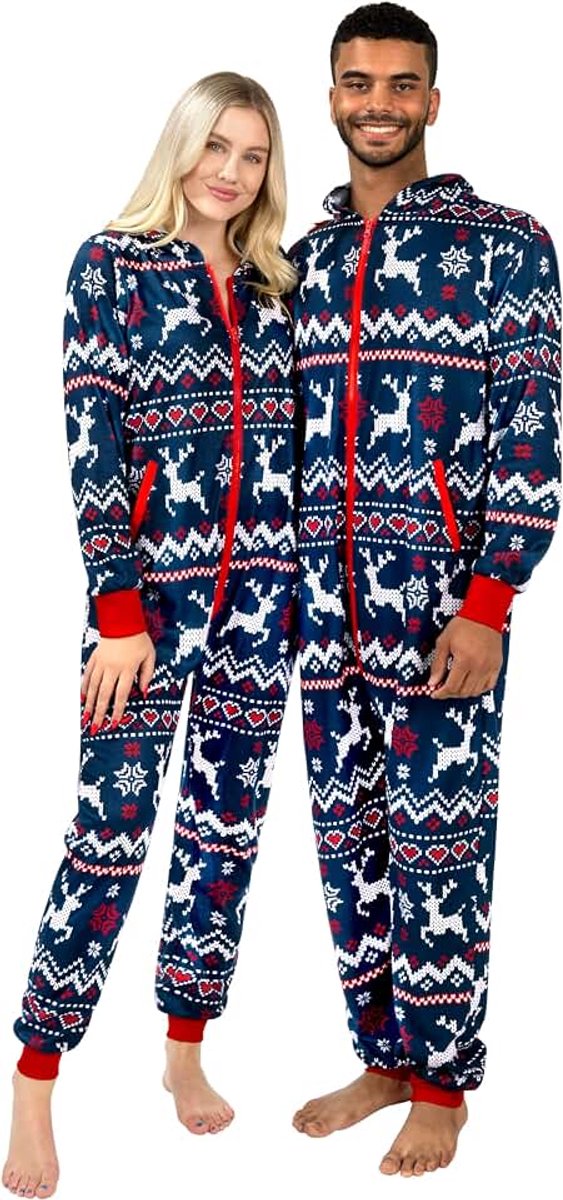 Getup Bijpassende pyjama voor koppels, kerstpyjama voor dames en heren, warme jumpsuits met capuchon en rits, 1 stuk