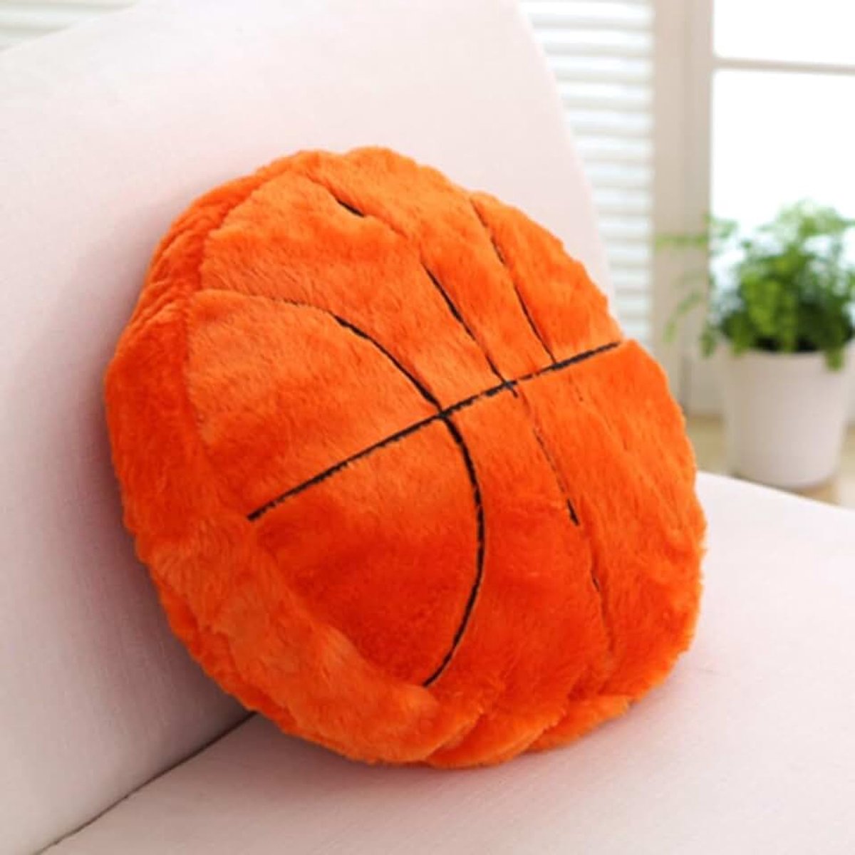 Pluche kussen, pluizig, duurzaam gevuld voetbalkussen, balsport, 35 cm balkussen, zacht, duurzaam rond pluche kussen, speelgoed, sofa kamer decoratie cadeau (oranje basketbal)
