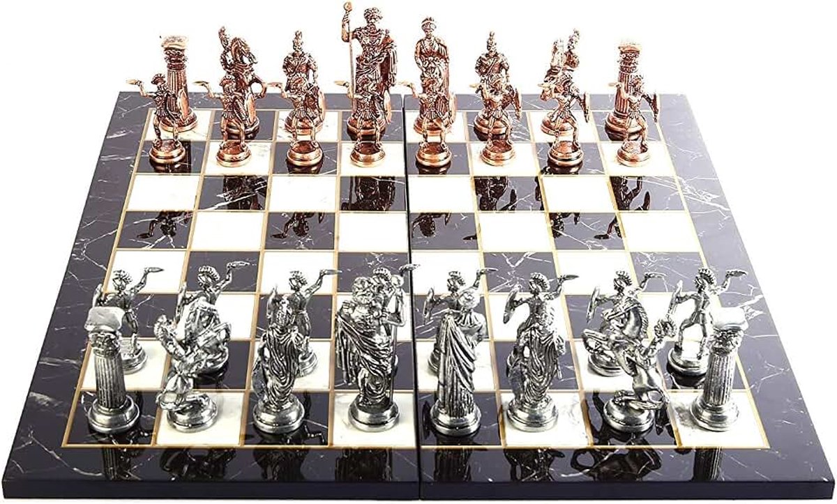 Antieke koperen Rome-figuren metalen schaakset voor volwassenen, handgemaakte stukken en marmeren ontwerp houten schaakbord koning 4.3 inc