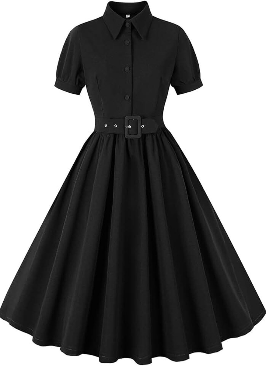 Dames Rockabilly Jurk Jaren 50 Vintage A-lijn Swing Stretch Korte Mouwen Feest Cocktail Casual