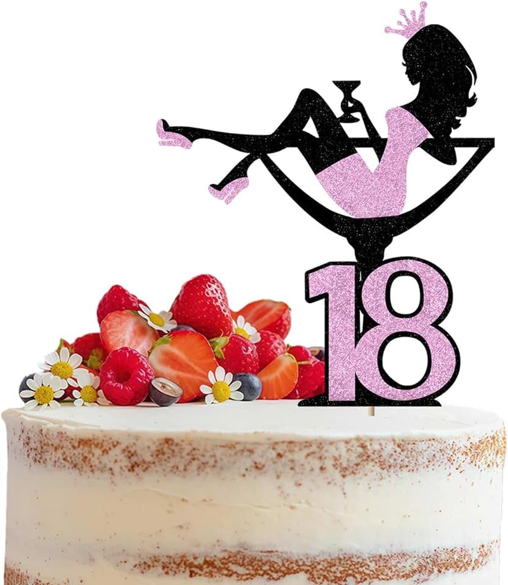 18 verjaardag Cake Topper Glitter Rode wijnglas Meisjes silhouet Taartdecoratie Hoog voor Meisjes Lady Vrijgezellenfeest Thema Verjaardag Party Taartdecoratie, Roze
