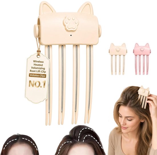 Crème-kleurige draadloze verwarmde volumeclip met kattenoren en tandjes. Toont ook een roze versie en een vrouw die het in haar haar plaatst.