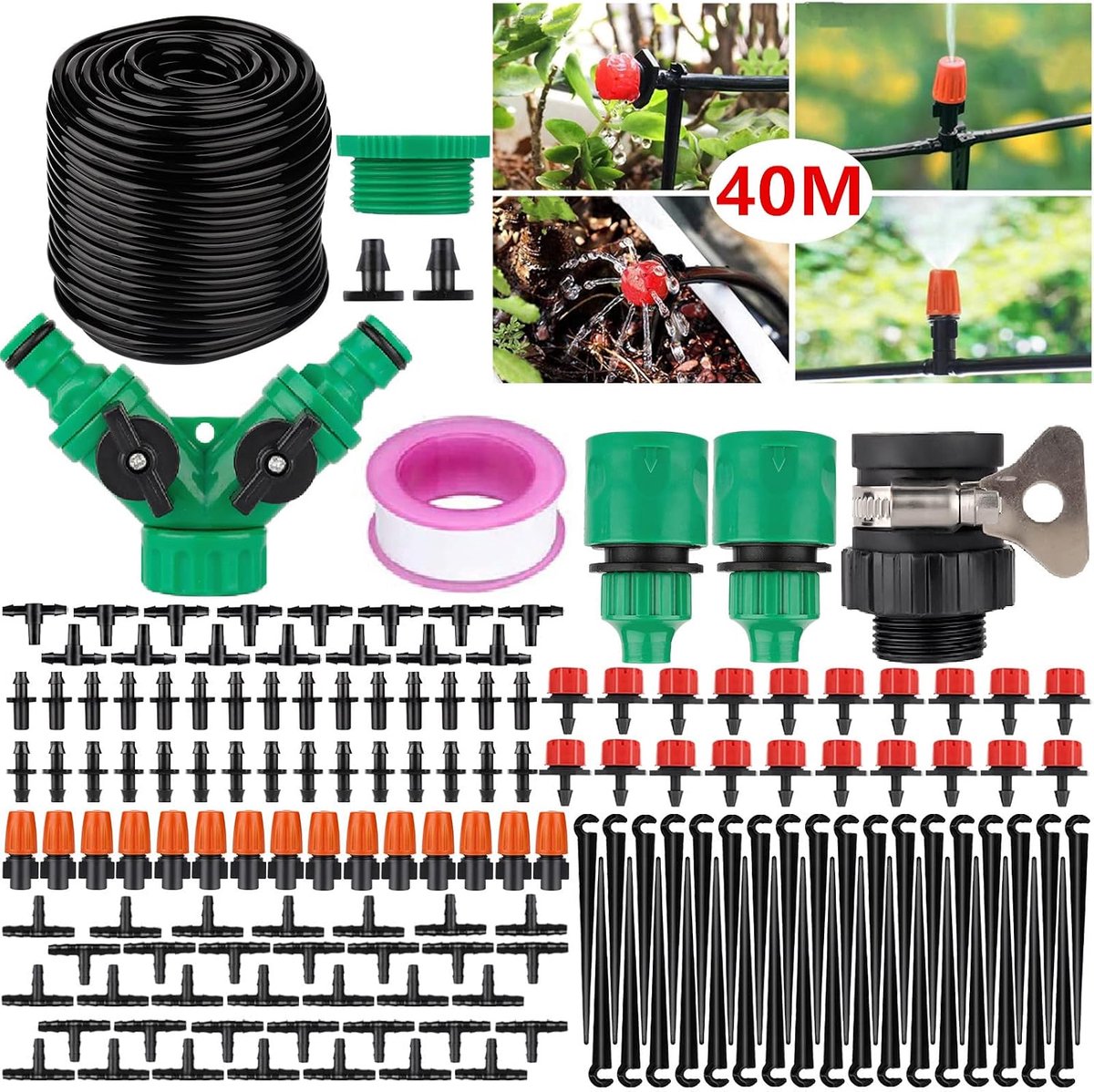 longziming -Druppelirrigatieset - 158-delig - 40m Slang - Verstelbare Sproeiers - Zelfbouw - Tuin - Planten - 1 set