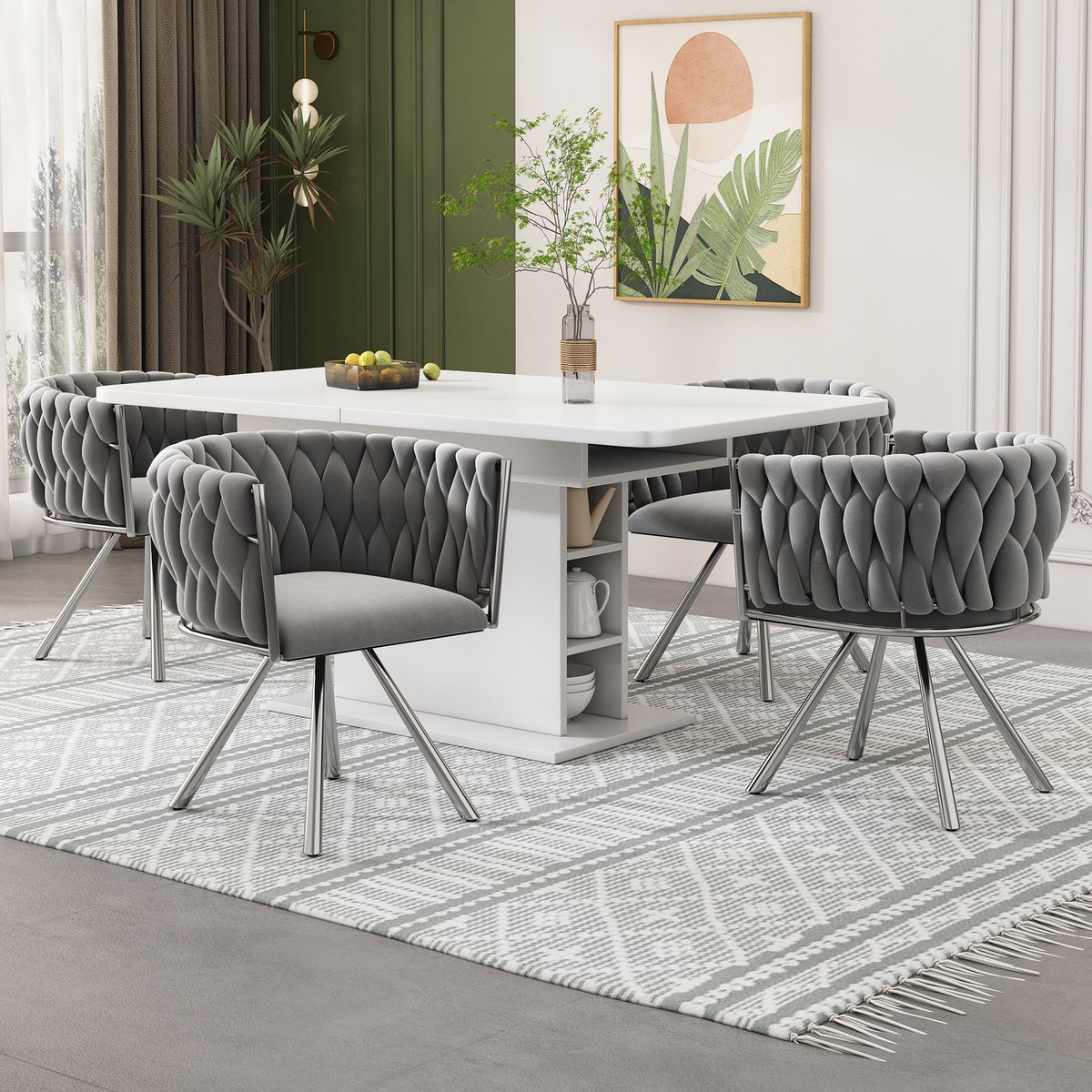 Clruro Eetkamerstoelen - 4 Stuks - 360° Draaibaar met Gebogen Rug - Fluweel en Metaal - Grijs/Zilver