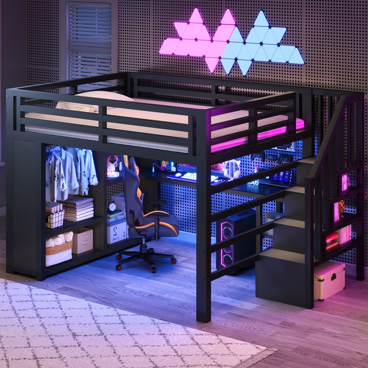 160x200 cm hoogslaper - met LED-verlichting - USB-poort - bureau - open kledingkast - trap en opbergvakken - zwart