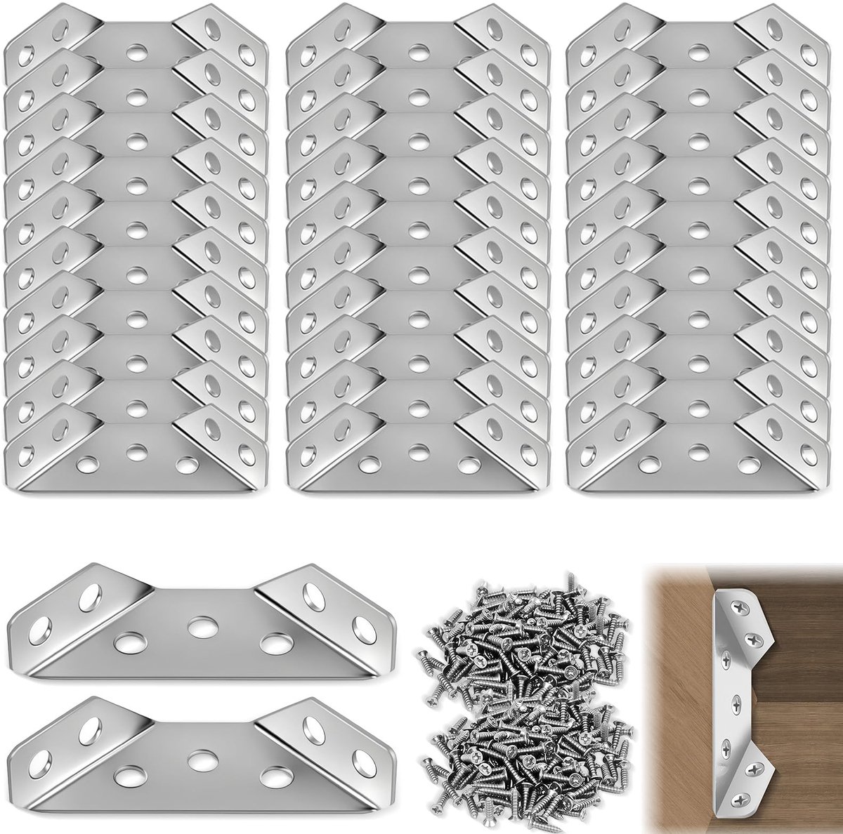 Hoekverbinders, metalen meubelverbinders, hoekverbinders, hoekverbinders, roestvrij staal, driehoekige steun met 180 schroeven, voor tafels, bedden, stoelen en andere houten meubels