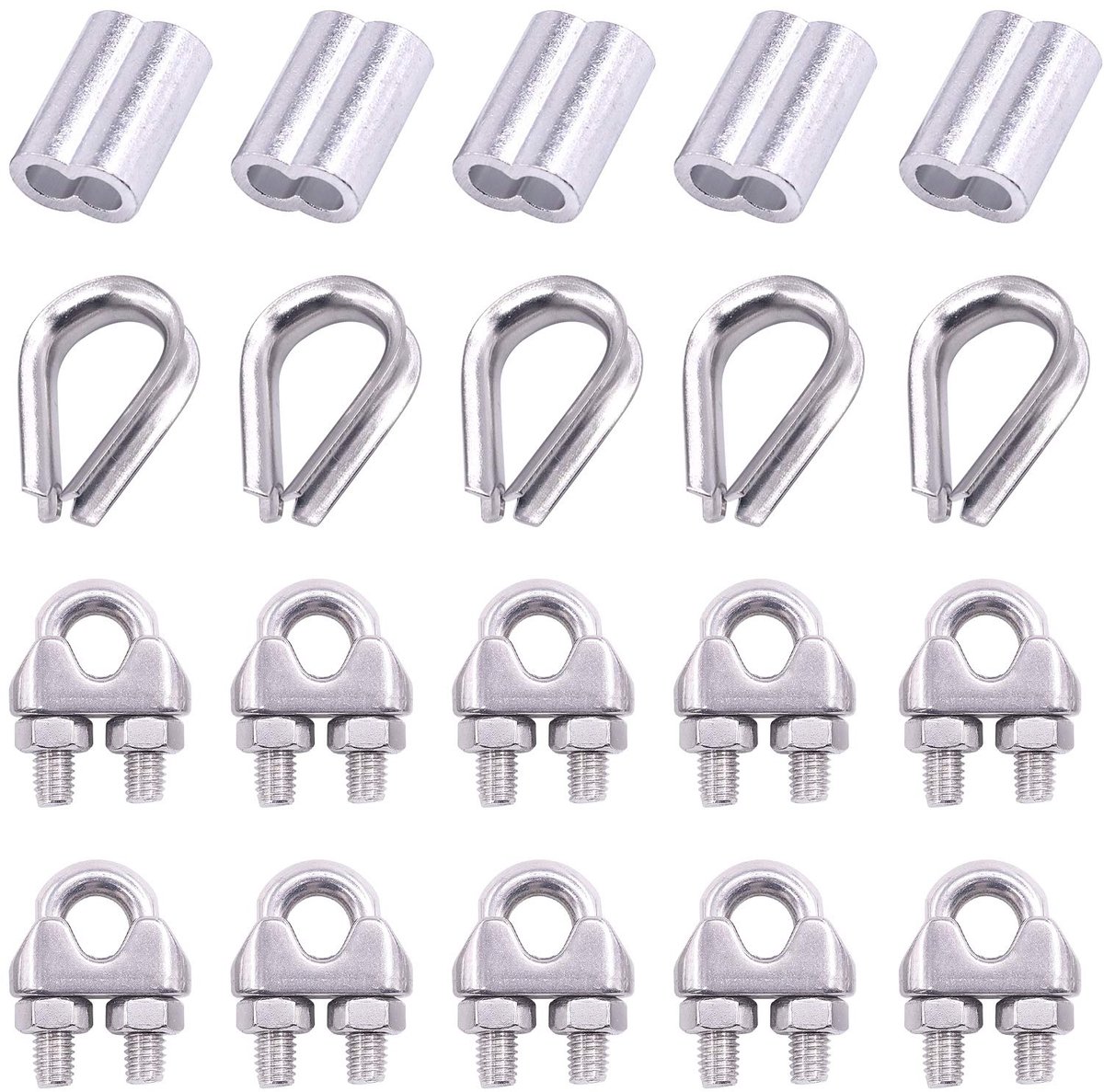 24 Stks M6 Draad Kabel Clip Klem met Kabel Vingerhoedjes Combo en Aluminium Krimplus Mouw Set voor Draad Kabel Vingerhoedjes Rigging (1/4 ''Draad Touw Clips Set)