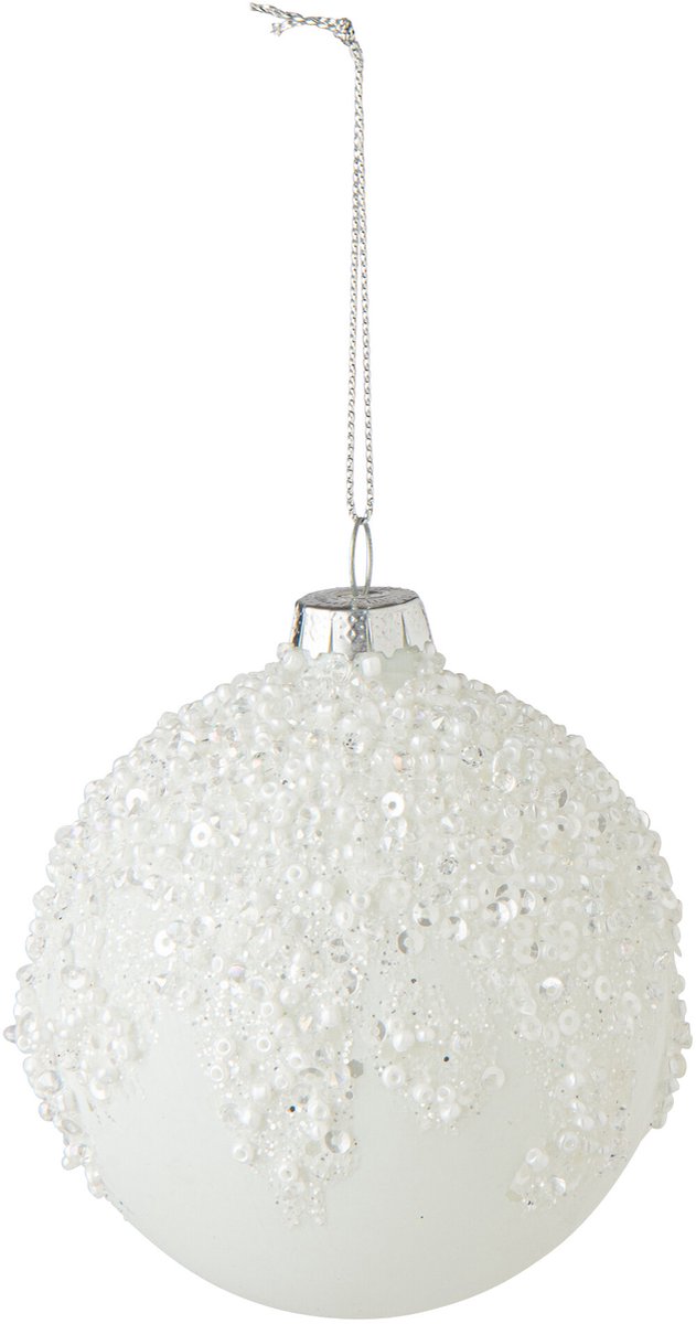 J-Line Kerstbal met parels en glitters - glas - wit - set van 24