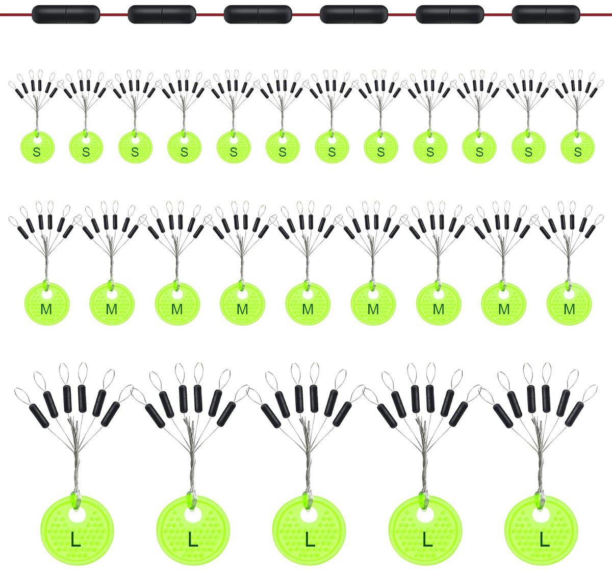 150 stuks rubberen stoppers voor vissen, 6-in-1 lijnstopper, vissen, klein, S & M & L, cilindrische stoppers, rubberen kralen, vissen, forel voor 0,1 - 0,43 mm lijn, stoppers, vissen en