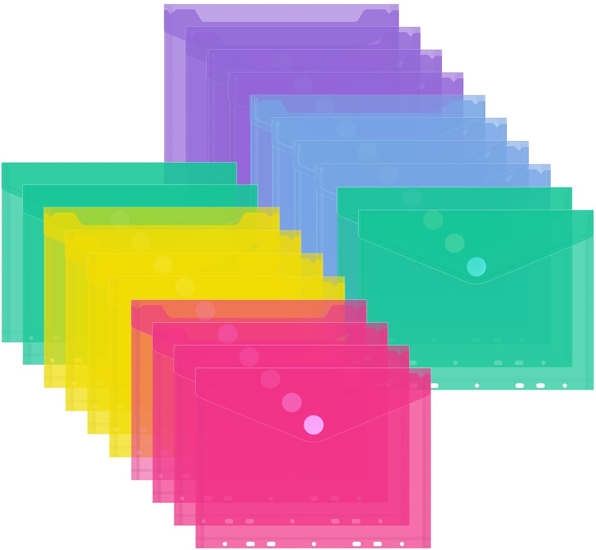Documentenmap, 20 stuks, 5 kleuren, waterdichte mappen met 7 gaten, klittenbandsluiting, doorzichtige plastic verzamelmappen voor het organiseren van documenten