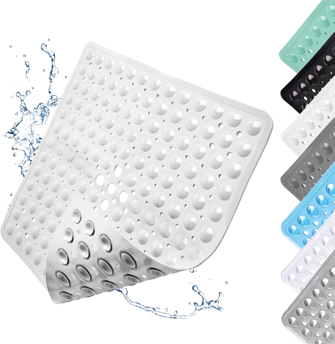 Douchemat, antislip, 53 x 53 cm, met zuignappen, machinewasbaar, kiezelsteendesign, douchemat met afvoergaten, wit