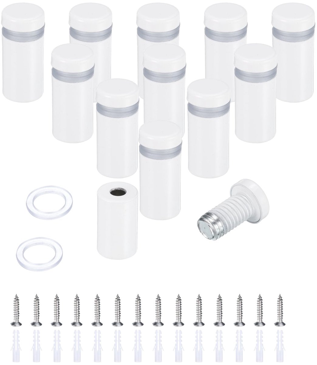 12 stuks 1/2" x 1" afstandsschroeven van roestvrij staal muurbeugel plaat montage-hardware set met 14 stuks schroeven voor het ophangen van acrylglazen borden, reclameborden, wit