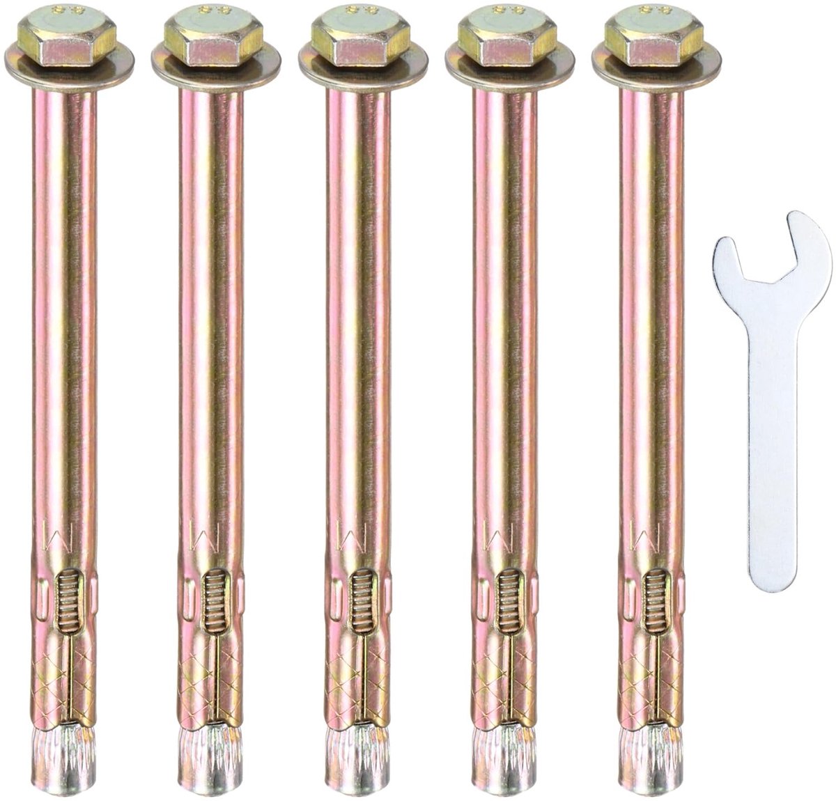 METERXITY 5 stuks zeskantige uitbreidingsschroeven, M6 x 100 mm, gekleurd verzinkt ijzer-koolstofstaal, uitbreidingsschroeven met 10 mm sleutel, corrosiebestendige metalen schroef voor muren