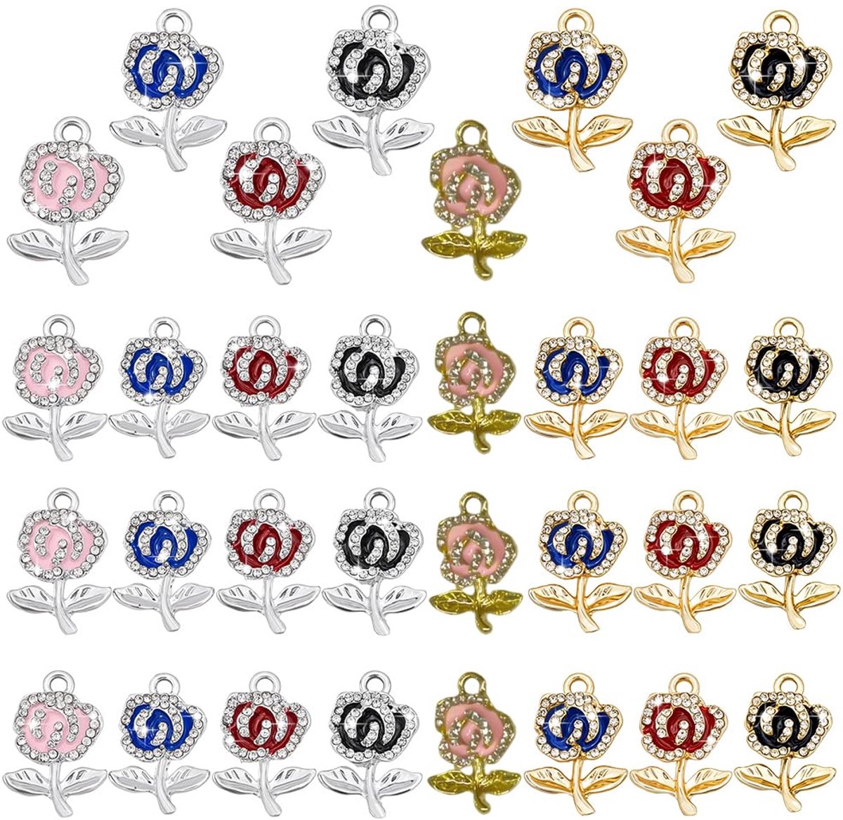 PandaHall 32 stuks 8 kleuren strass bloem bedels mini 3D roos bedels kristallen hangers vintage legering strass bedel voor armband ketting sieraden maken Valentijnsdag Moederdag 2,3 cm