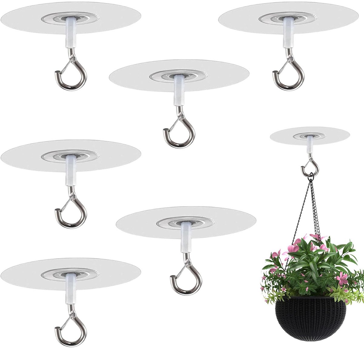Plafondhaken, 6 stuks, extra zware zelfklevende plafondhaken voor hangende planten, zelfklevende plakkeimeter voor buitenplafondhanger, geen boor en geen schroef, roestvrijstalen kleverige ogen