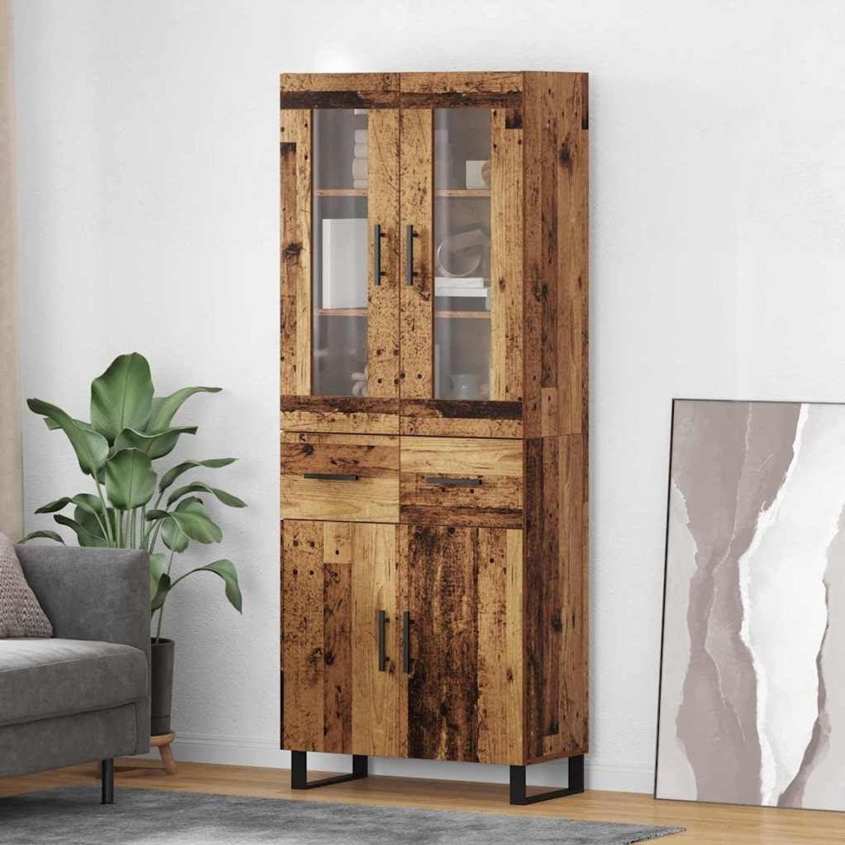 Hoge Opbergkast - Buffetkast Deuren - Eetkamer Opbergen - Hout en Glas - 69.5 x 180 cm - Bruin