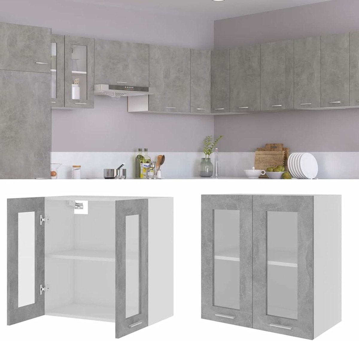 Hangkast Keuken - Wandvitrine Kast - Opbergen Keuken - Stijlvol Design - 60x31x60 cm - Betongrijs