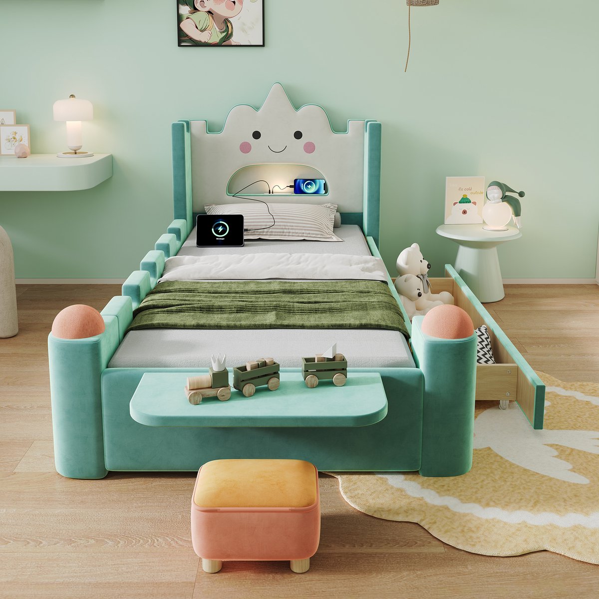 Polsterbed 90x200 cm met LED-Leselampe en USB-Anschluss - Wolkenmotief - Blauw-Groen