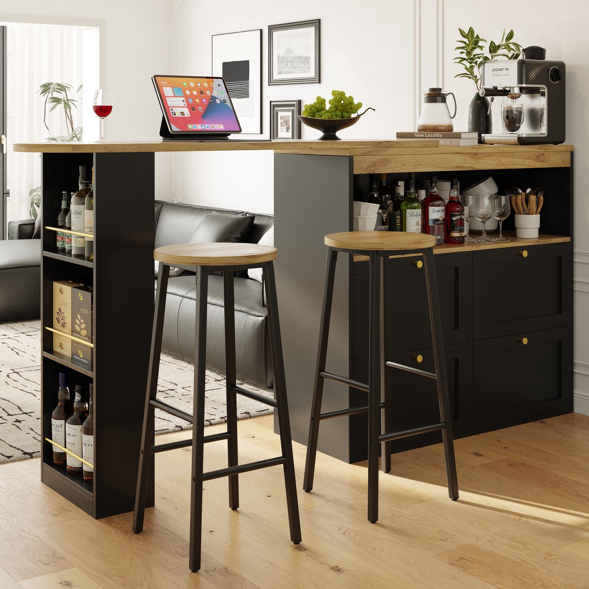 Barhocker Set - Modern Design met Houtoptiek - Stabiele Zitervaring - Zwart - 70cm