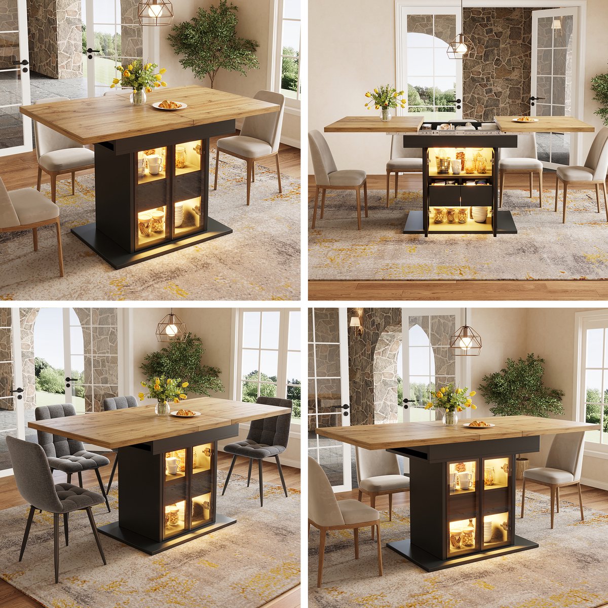 Ausziehbare Eettafel met RGB-Verlichting Ingebouwde Opslag - Wit/Zwart - 110-140cm