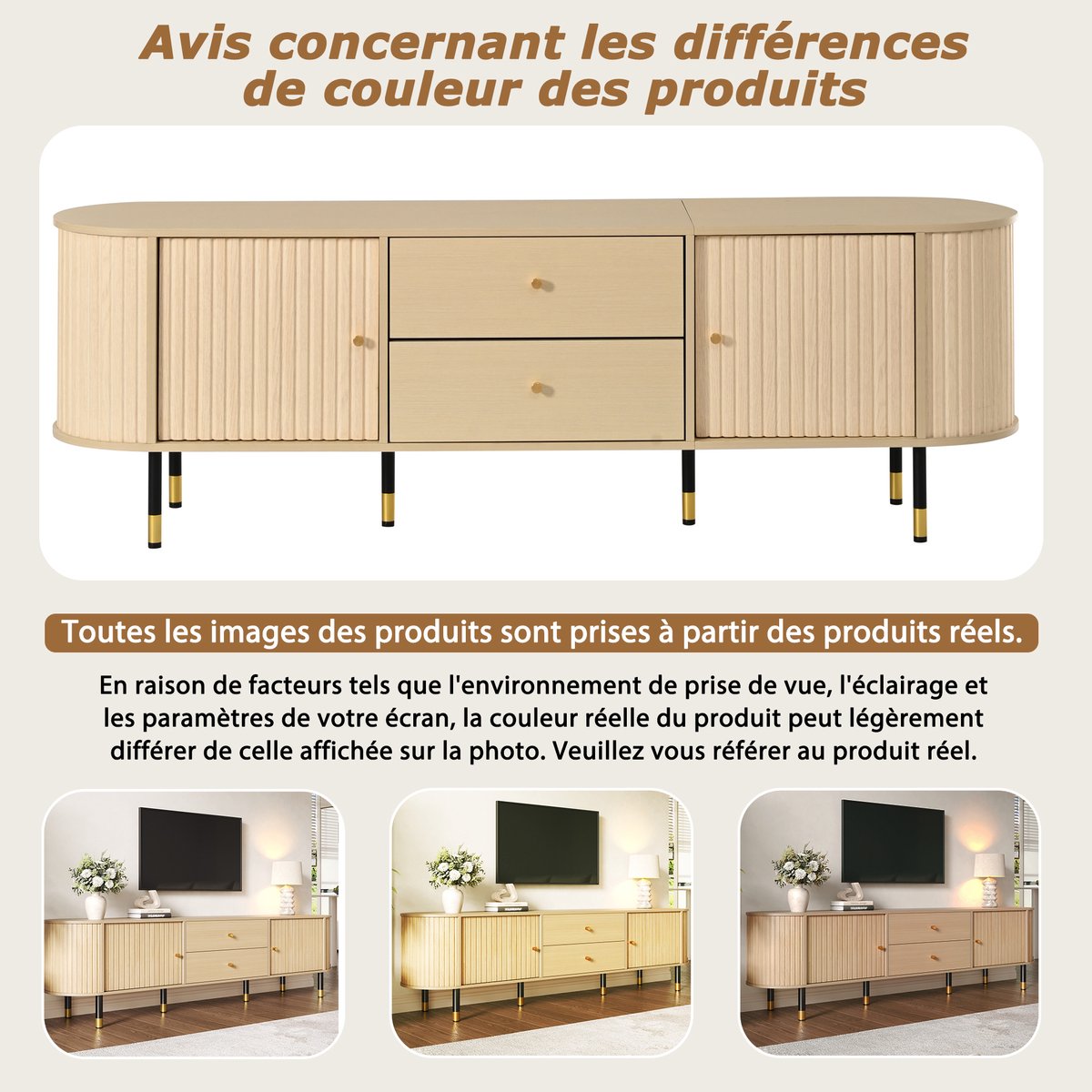TV-Schrank Lowboard - Ovaler Naturhout-Optik - 180x40x58 cm - 2 Schubladen 2 Schiebetüren