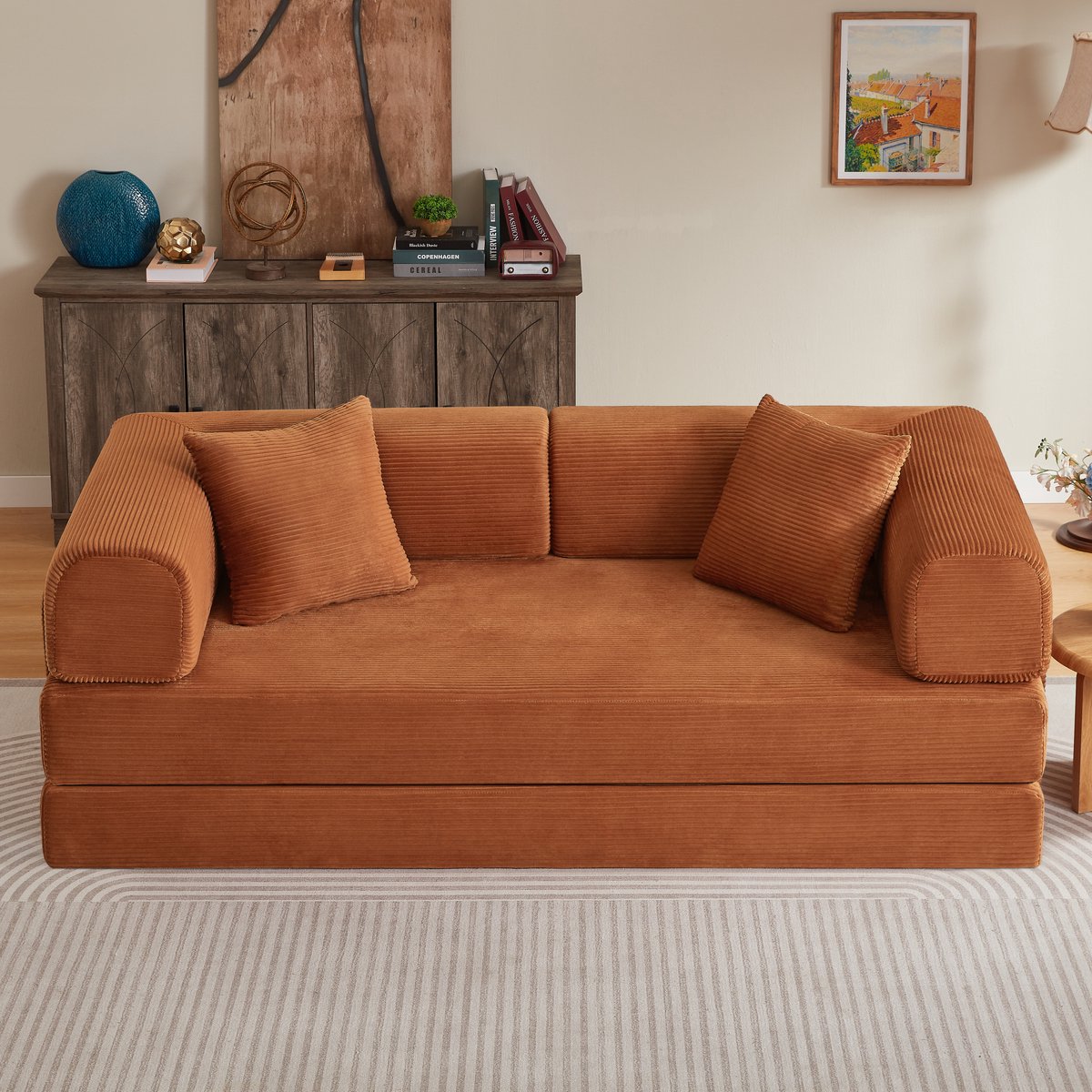 Terracotta Klappsofa met 2 Kussens - Comfortabel om te Zitten en Slapen - Foamschuim - 23×26×113 cm