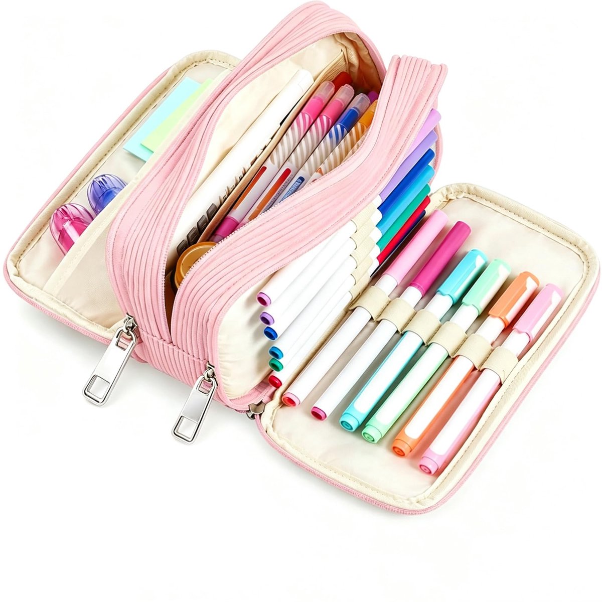 Etui corduroy - cosmeticatas en pennenzak - roze - ideaal voor school en kantoor - SnelShoppen