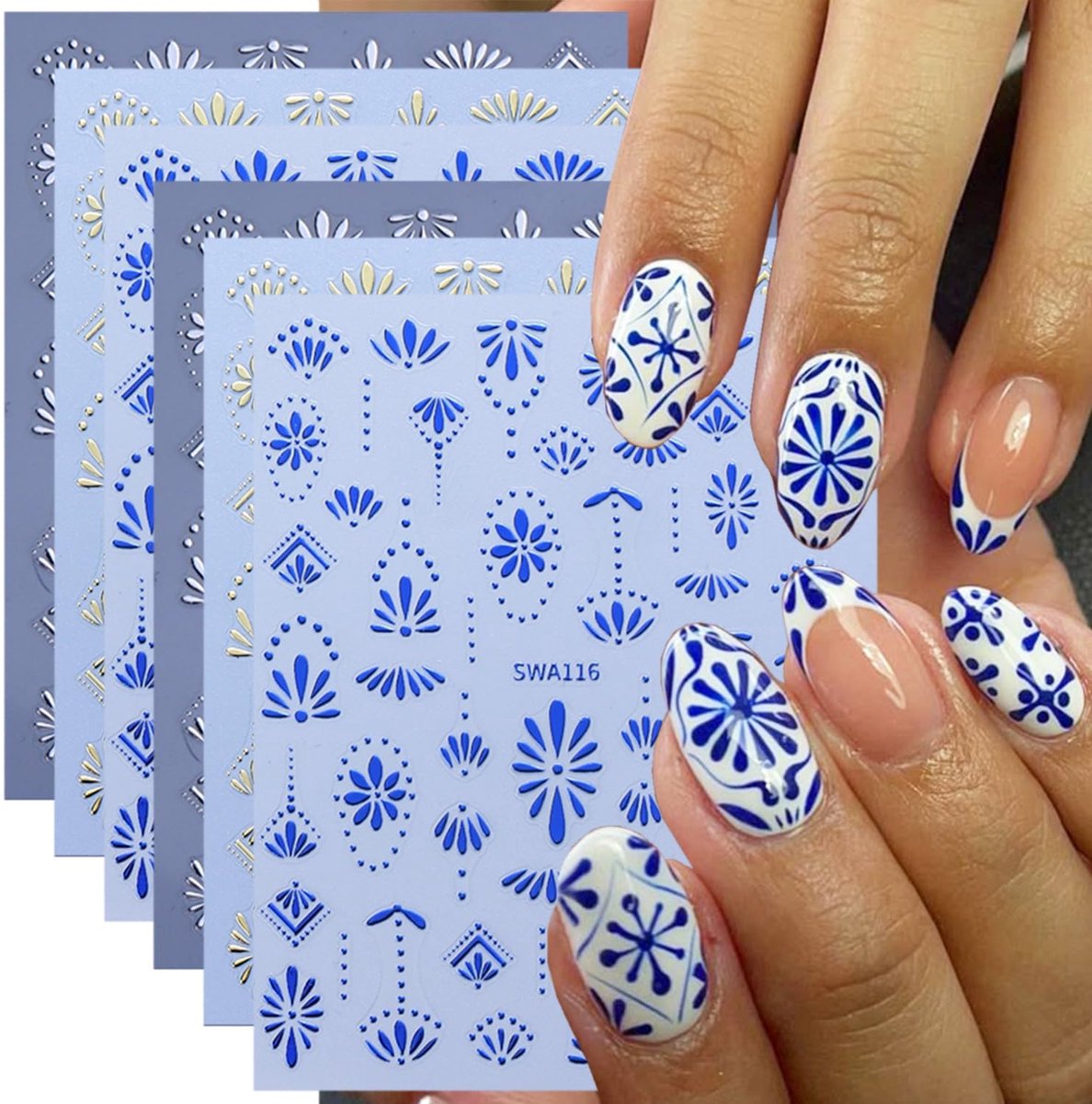 Nagelstickers 3D Boheemse Stijl - Goud en Zilver - Retro Blauw Patroon - Perfect voor Nageldesign - SnelShoppen