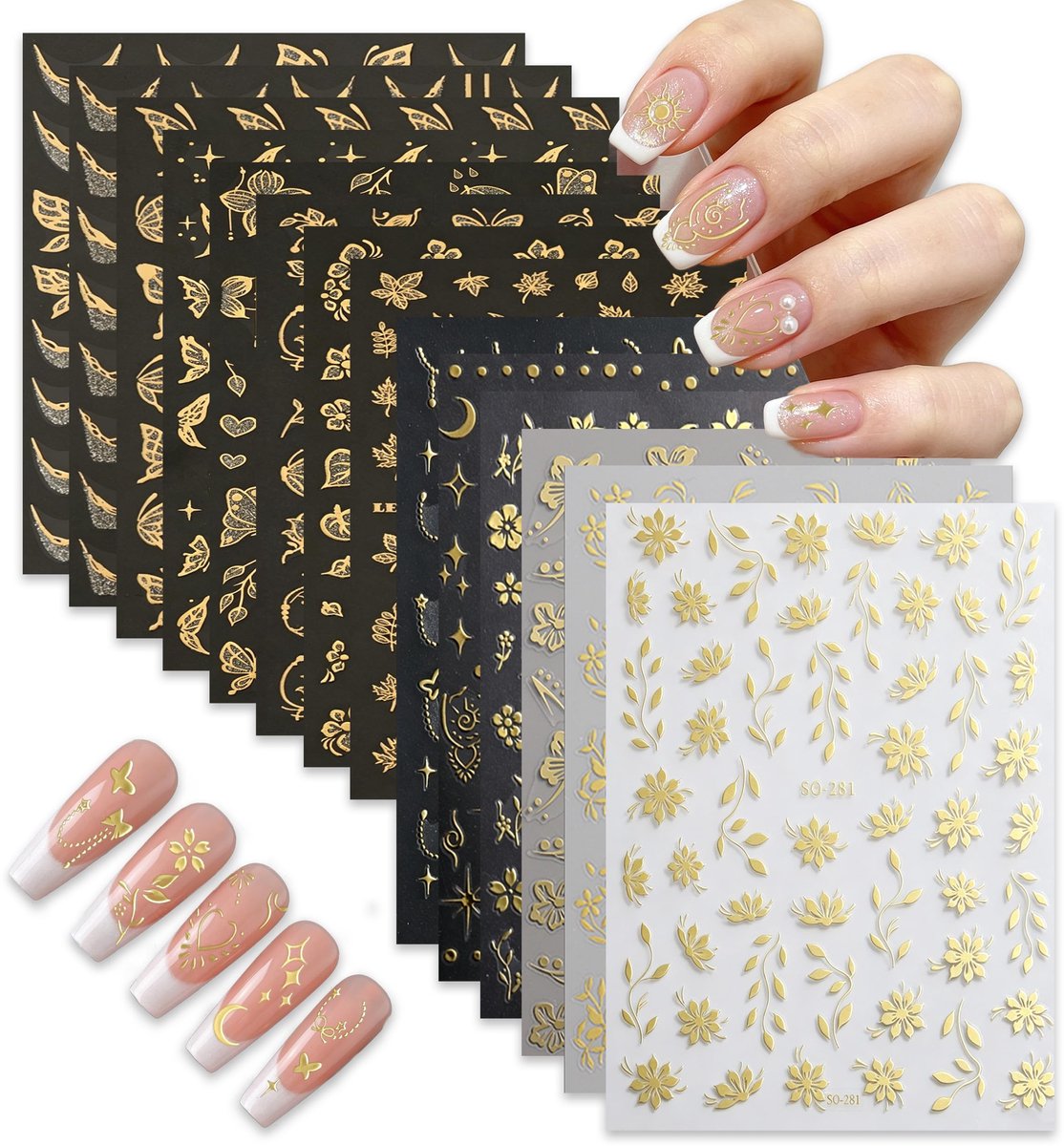 Nagelstickers Goudkleurig - 14 Vellen Bloemen Sterren Vlinders - Zelfklevende Nagel Tattoos - SnelShoppen