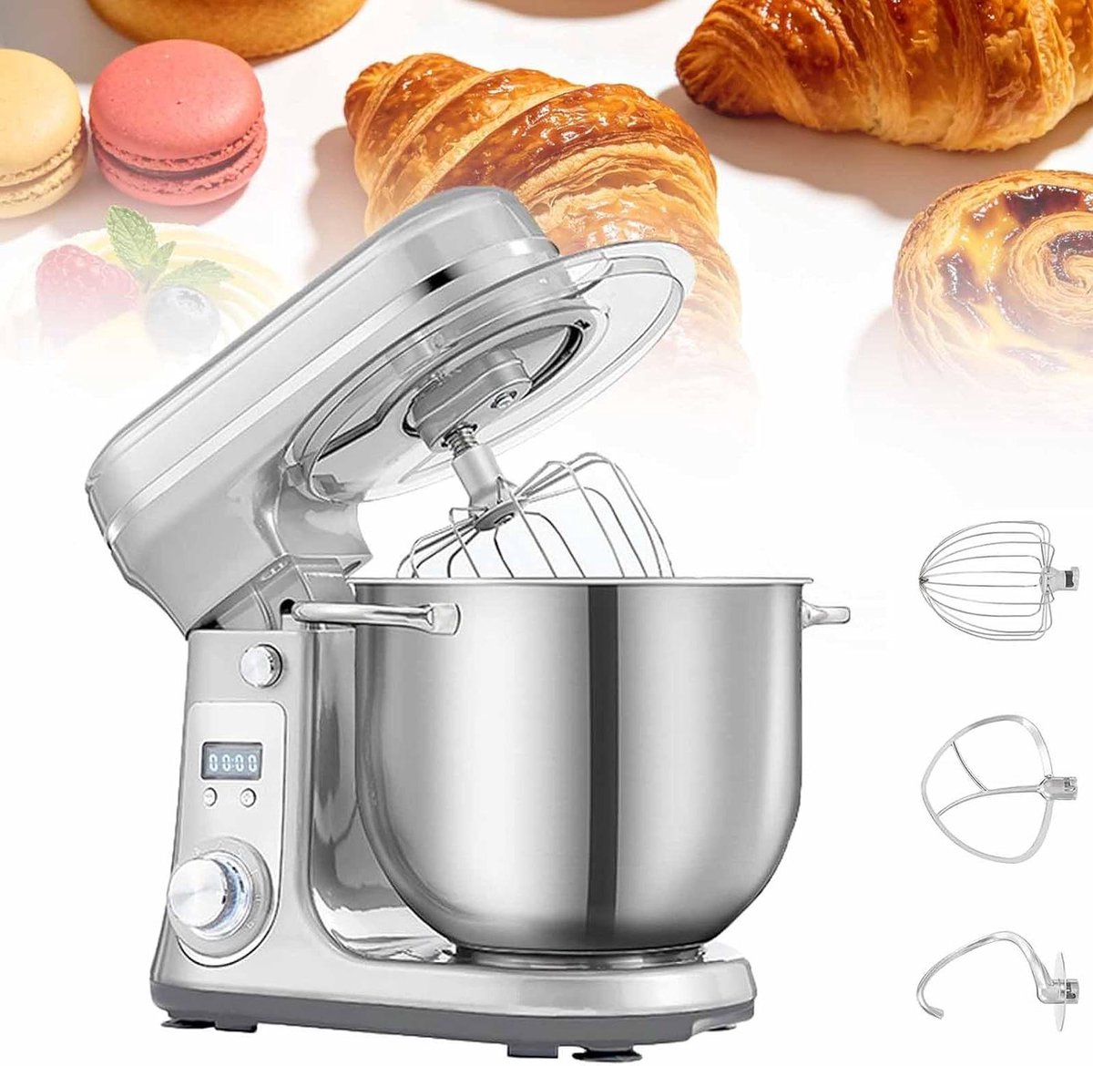 Keukenmixer Kantelkop - Bakmachine Deegmixer - Bakken Ingrediënten Mengen - Krachtige 1200W DC Motor - 6L Kom Capaciteit - Zilver