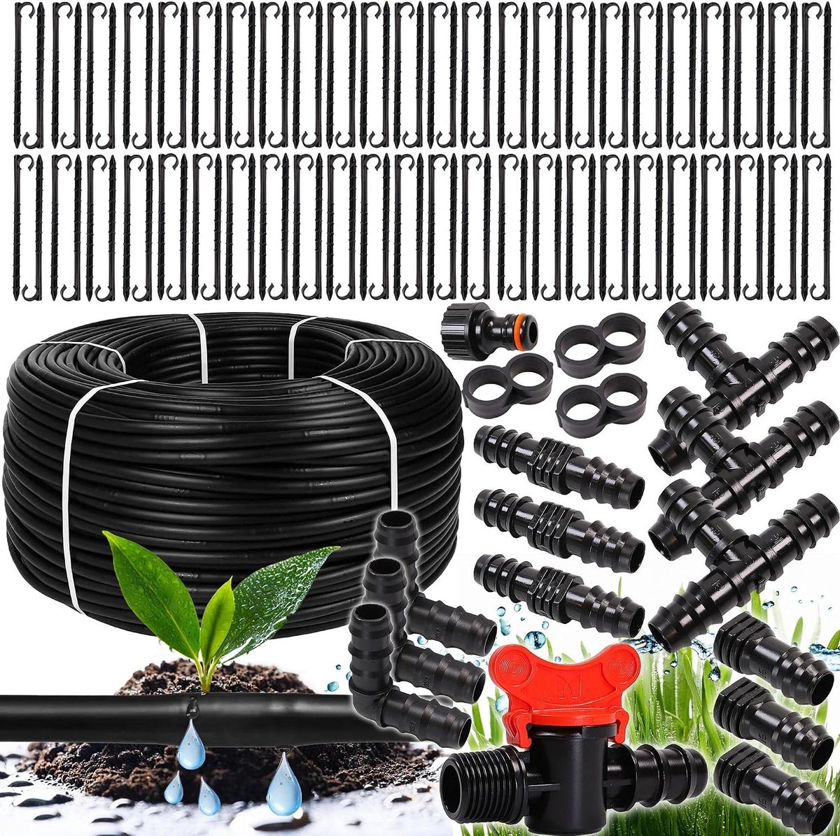 Druppelslang set - Irriatie slang - Planten water geven - Uitgebreide accessoires - 100 meter - Zwart