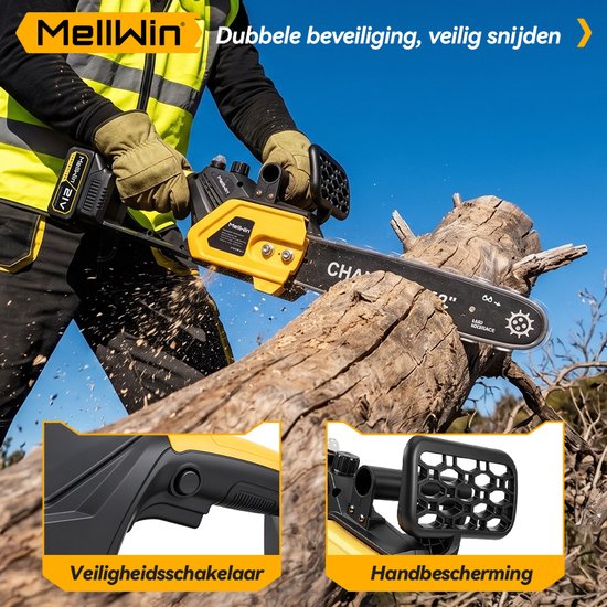 MellWin Elektrische Kettingzaag - 30 cm Kettingzaag - 4500W - met 2x Accu's - Borstelloze Handkettingzaag - Takkenzaag - voor houtbewerking en tuin — afbeelding 5