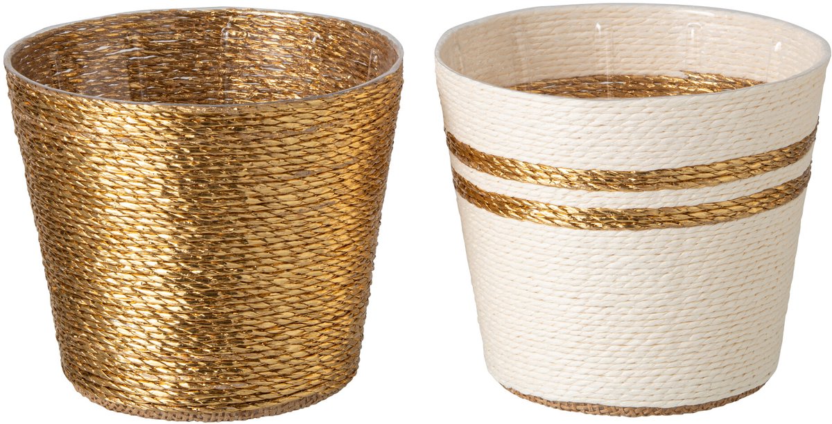 J-Line Gestreepte bloempot - papier - wit/goud - medium - assortiment van 2