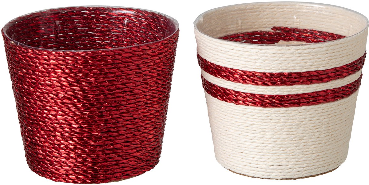 J-Line Gestreepte bloempot - papier - wit/rood - small - assortiment van 2