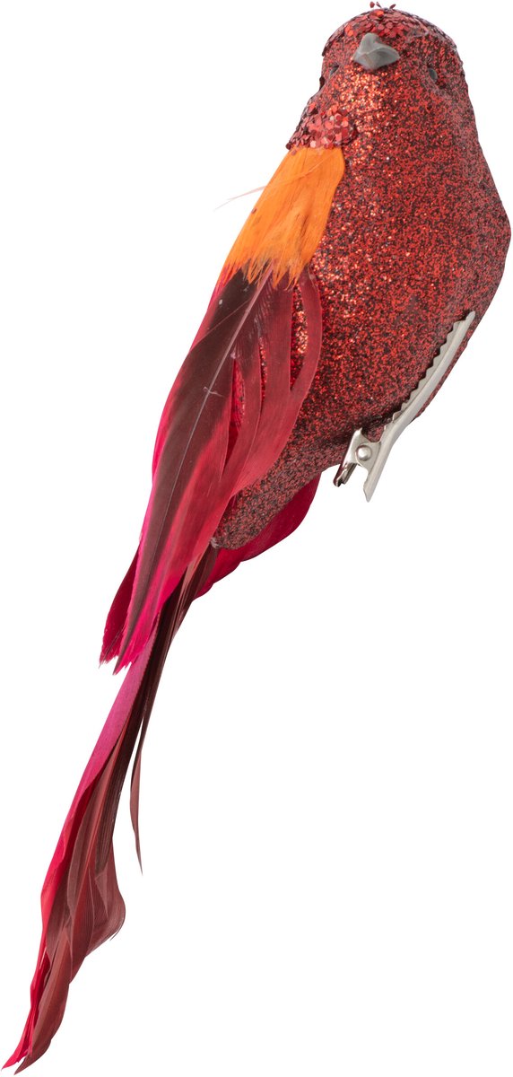 J-Line Vogel met clip - veren - fuchsia/oranje - set van 2