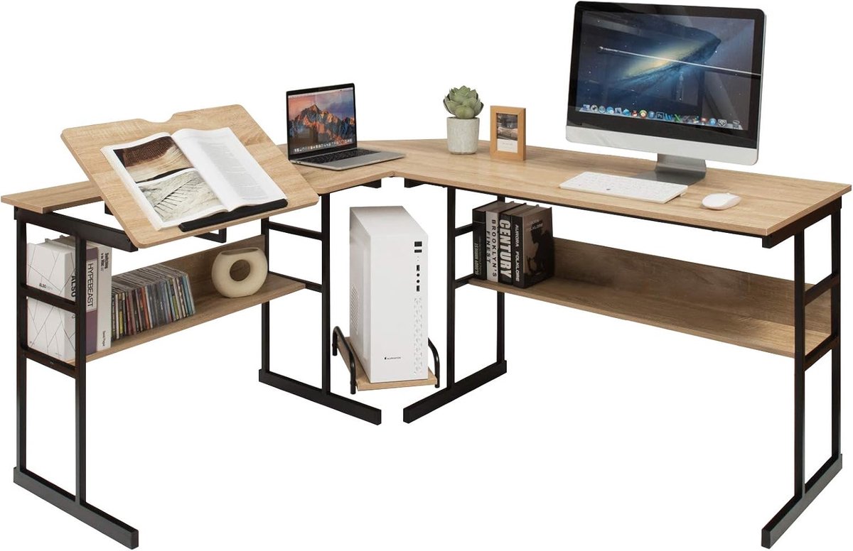 L-vormig bureau - Werkplek tafel - Thuiswerken Kantoor - Kantelbaar tafelblad - 170 x 150 cm - Rustiek bruin thumbnail 5